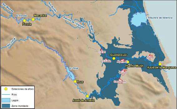 Estaciones de aforo en los ríos Magro y Júcar y municipios de la Ribera Alta y Baixa más afectados por las inundaciones. Fuente: Fuente: Confederación Hidrográfica del Júcar.