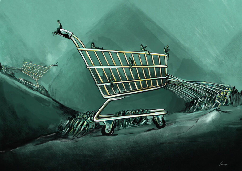 El país en disputaAnálisis de cómo la inflación, las guerras y las políticas económicas generan una transferencia de rentas de las clases trabajadoras hacia las grandes empresas, debilitando el estado del bienestar. Ilustración de un carrito de la compra arrastrado por personas que simboliza la transferencia de rentas, la inflación y el esfuerzo de las familias ante la subida de precios.