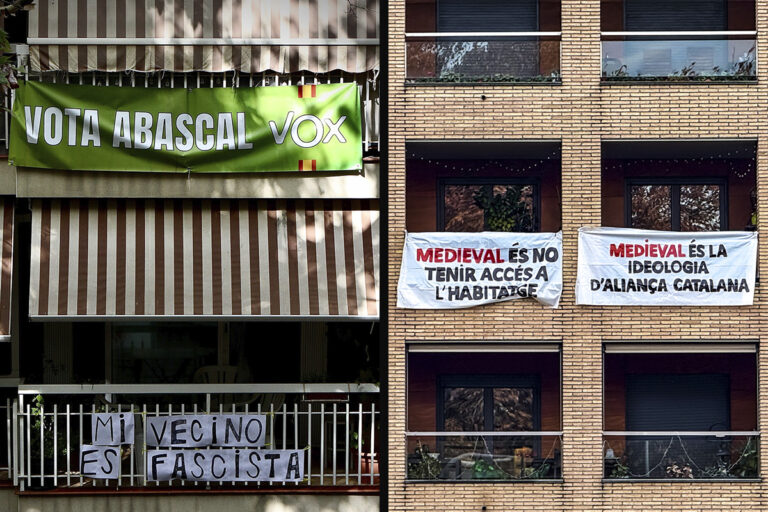 Expressions veïnals i propaganda política en balcons de Barcelona i Vic reflecteixen la polarització del debat sobre immigració, identitat i drets socials.